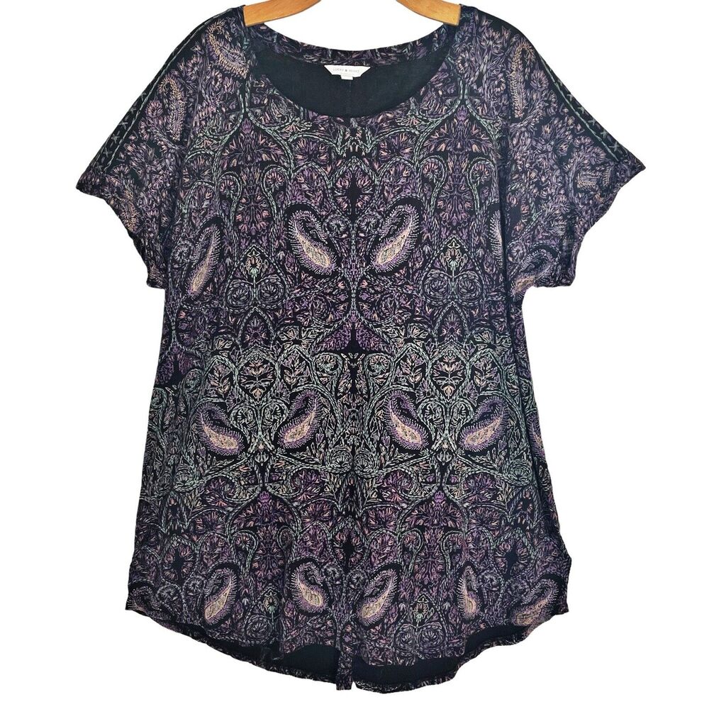 Lucky Brand Women Tunic Top Sz‎ 2X Paisley Black Purple Teal Brown Cotton Modal